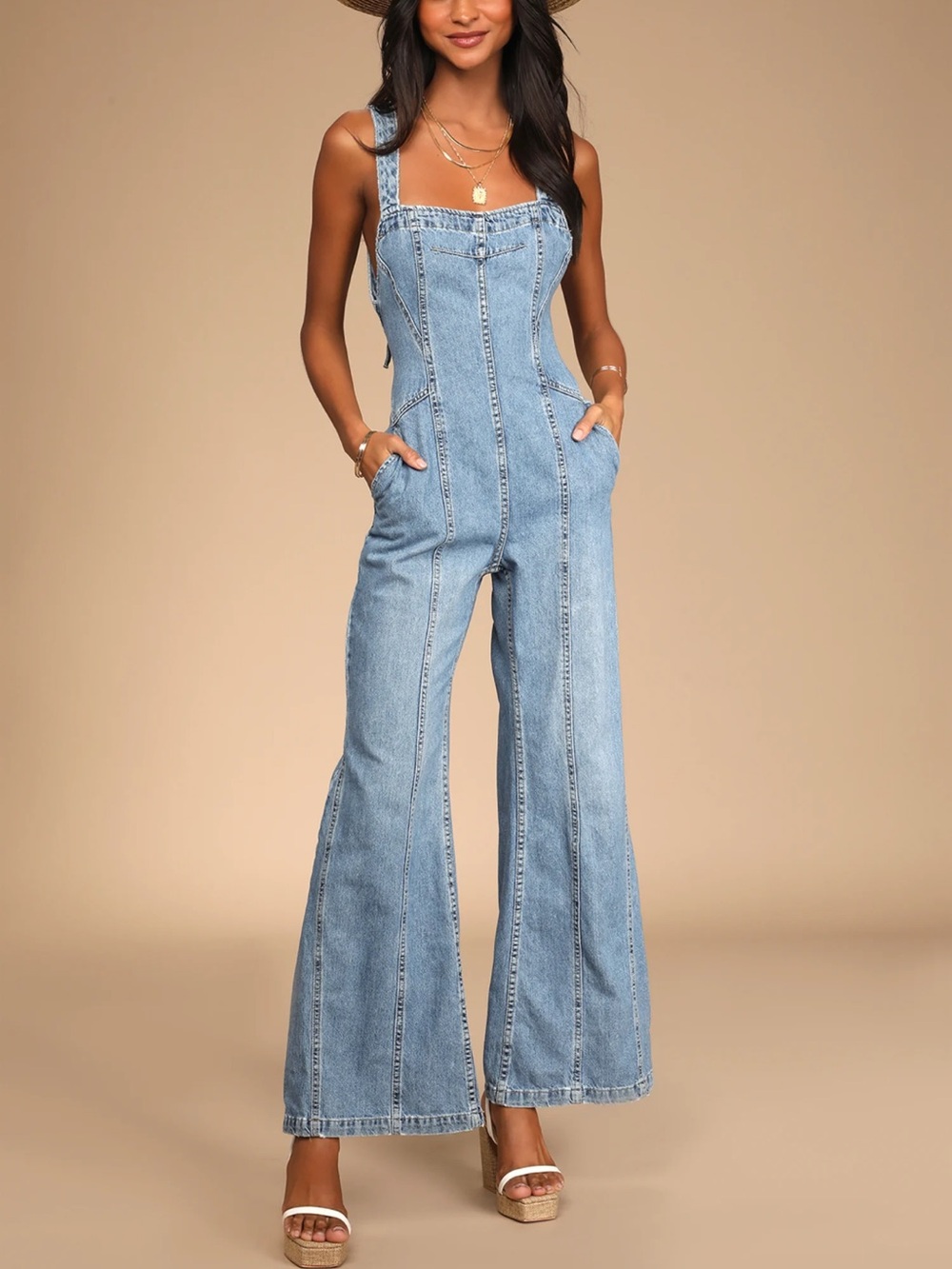Free People Kendra Jumpsuit Medium Wash Denim Tie-Back Flared Leg